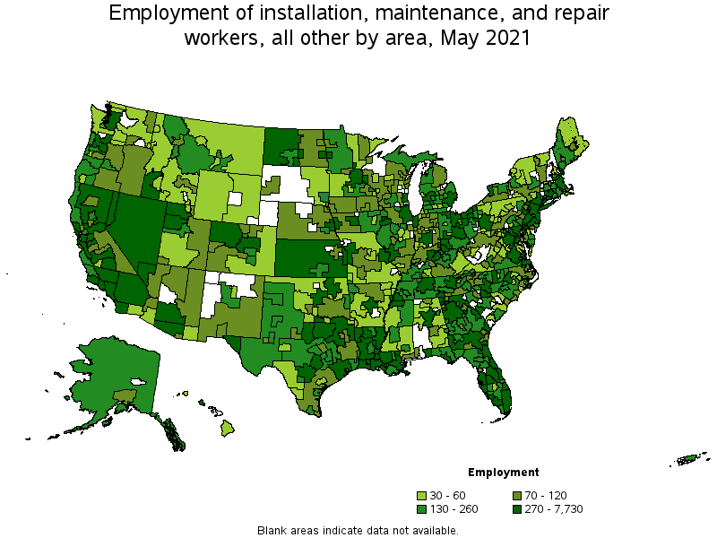 Map of employment of installation, maintenance, and repair workers, all other by area, May 2021