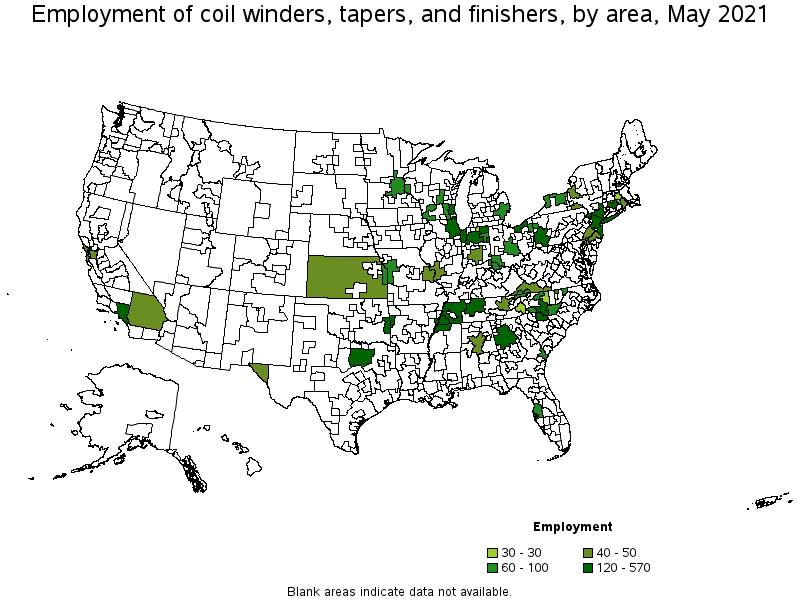 Map of employment of coil winders, tapers, and finishers by area, May 2021