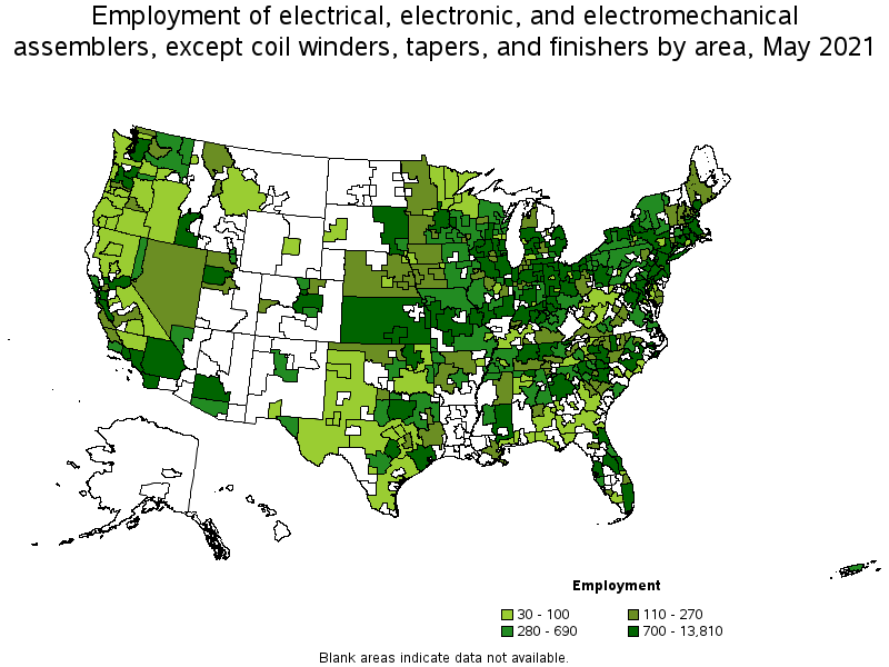 Map of employment of electrical, electronic, and electromechanical assemblers, except coil winders, tapers, and finishers by area, May 2021