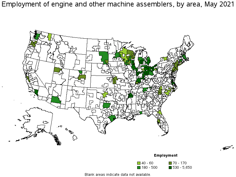Map of employment of engine and other machine assemblers by area, May 2021