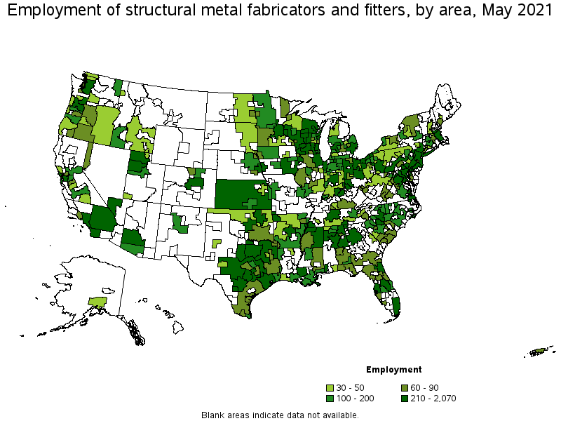 Map of employment of structural metal fabricators and fitters by area, May 2021