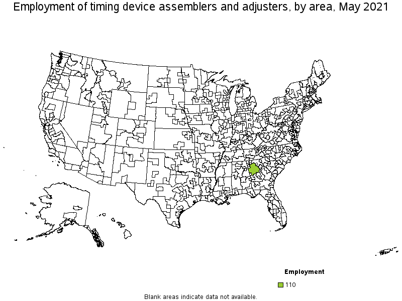 Map of employment of timing device assemblers and adjusters by area, May 2021