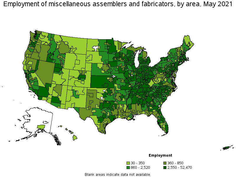 Map of employment of miscellaneous assemblers and fabricators by area, May 2021