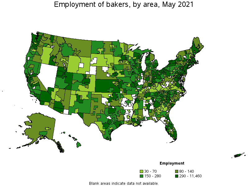 Map of employment of bakers by area, May 2021