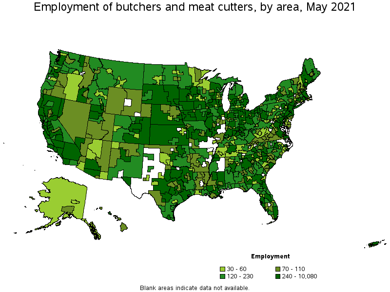Map of employment of butchers and meat cutters by area, May 2021