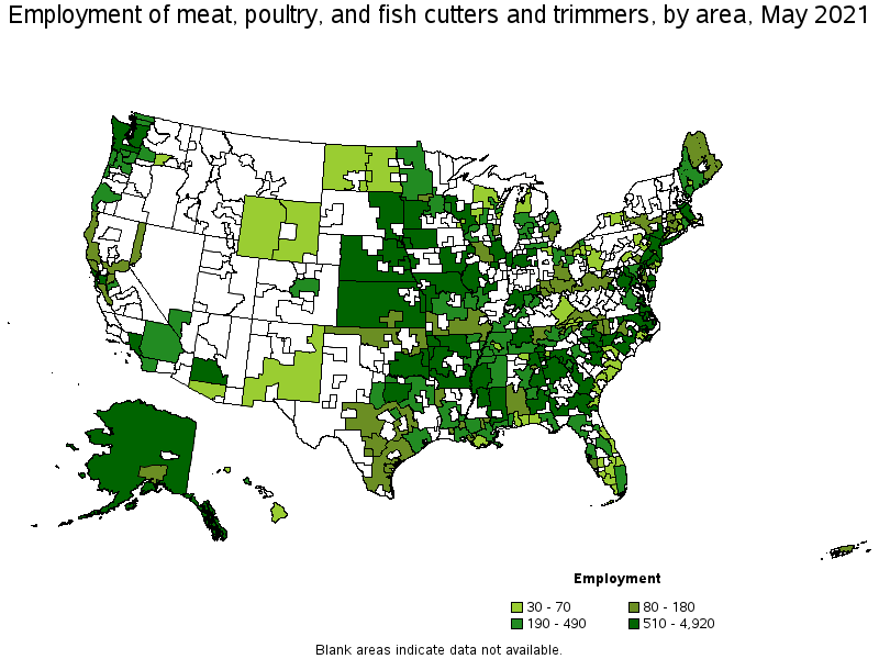 Map of employment of meat, poultry, and fish cutters and trimmers by area, May 2021