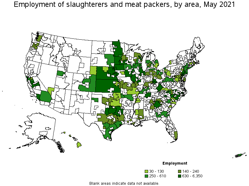 Map of employment of slaughterers and meat packers by area, May 2021