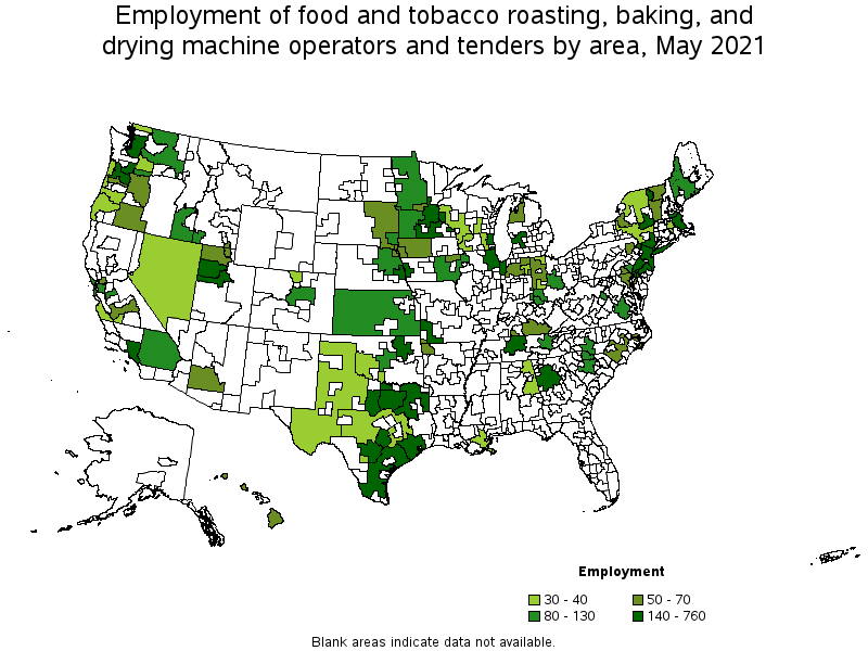 Map of employment of food and tobacco roasting, baking, and drying machine operators and tenders by area, May 2021