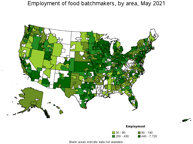 Map of employment of food batchmakers by area, May 2021
