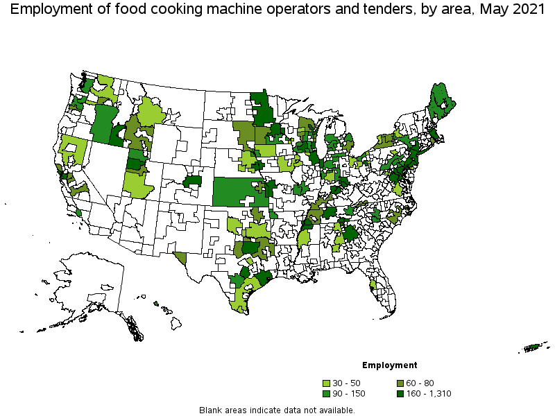 Map of employment of food cooking machine operators and tenders by area, May 2021