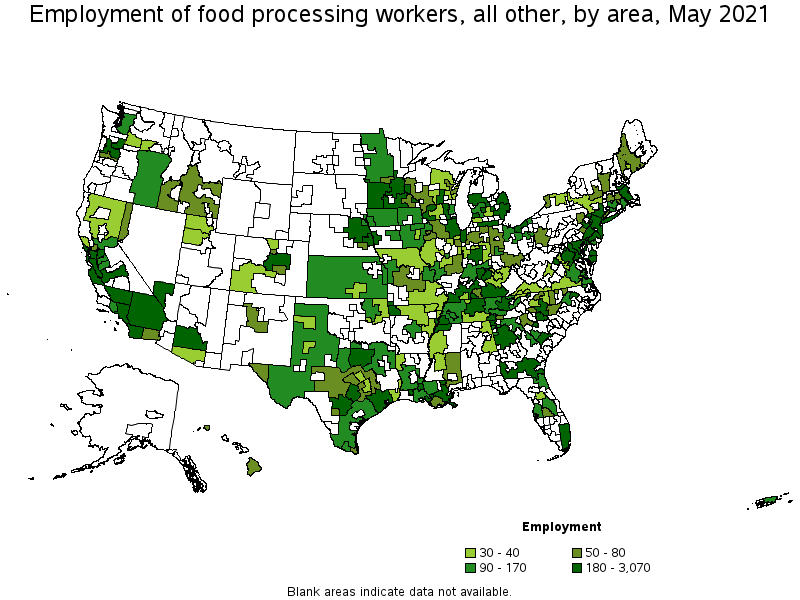 Map of employment of food processing workers, all other by area, May 2021