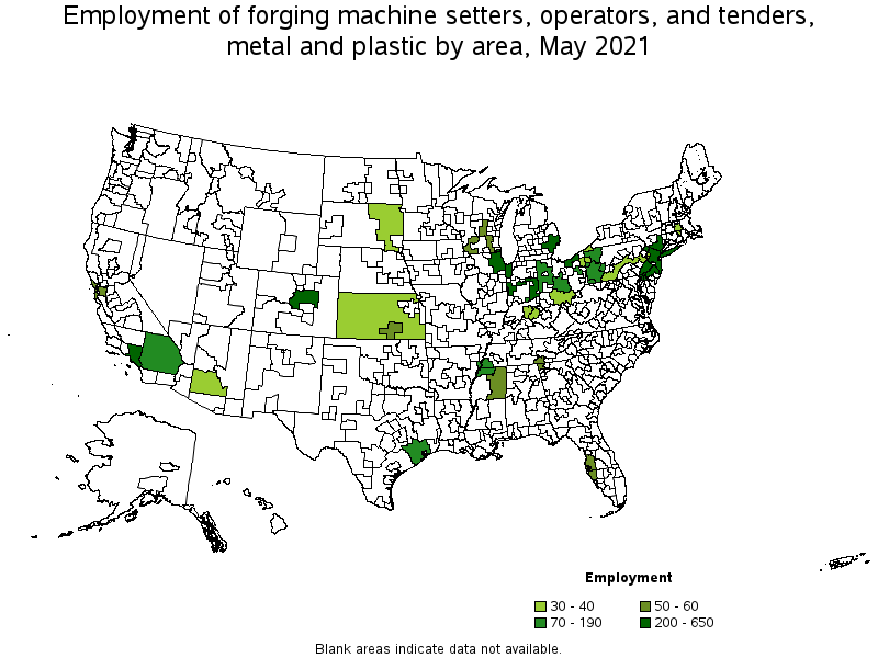 Map of employment of forging machine setters, operators, and tenders, metal and plastic by area, May 2021