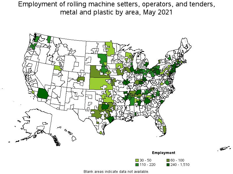 Map of employment of rolling machine setters, operators, and tenders, metal and plastic by area, May 2021