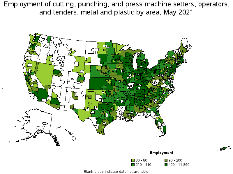 Map of employment of cutting, punching, and press machine setters, operators, and tenders, metal and plastic by area, May 2021