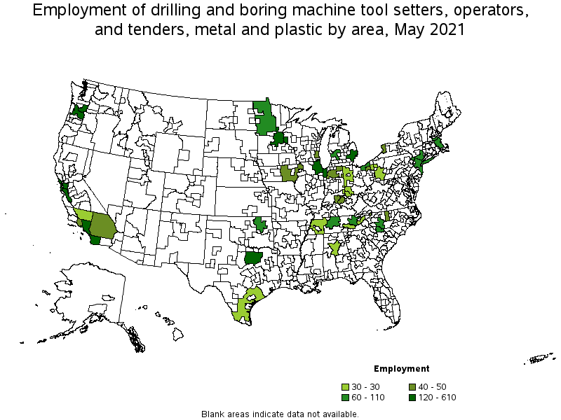 Map of employment of drilling and boring machine tool setters, operators, and tenders, metal and plastic by area, May 2021