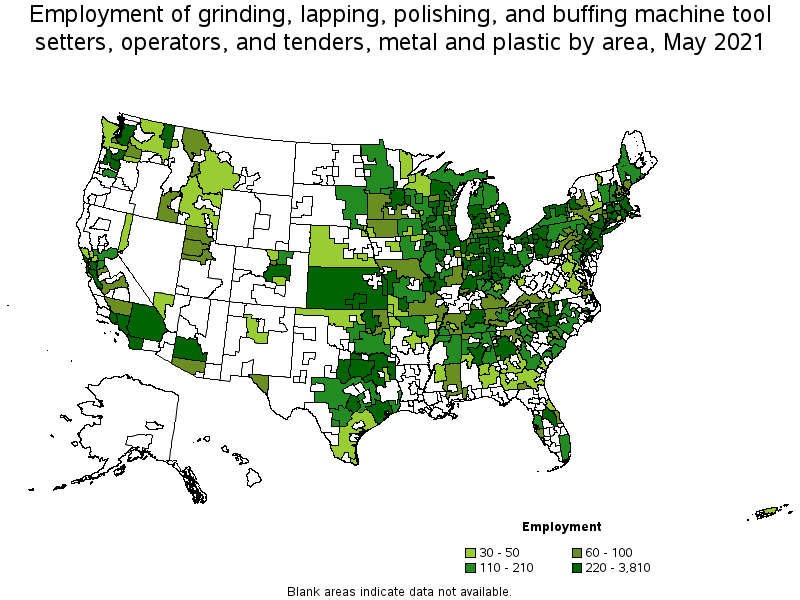 Map of employment of grinding, lapping, polishing, and buffing machine tool setters, operators, and tenders, metal and plastic by area, May 2021