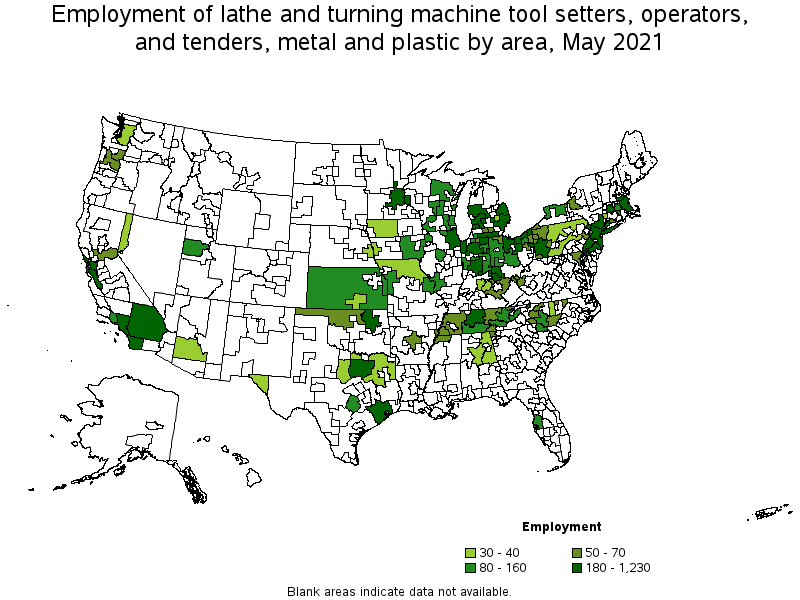 Map of employment of lathe and turning machine tool setters, operators, and tenders, metal and plastic by area, May 2021