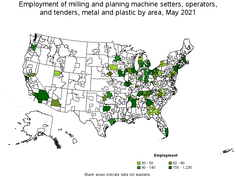 Map of employment of milling and planing machine setters, operators, and tenders, metal and plastic by area, May 2021