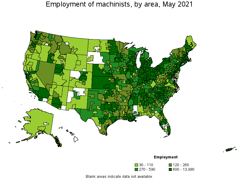 Map of employment of machinists by area, May 2021