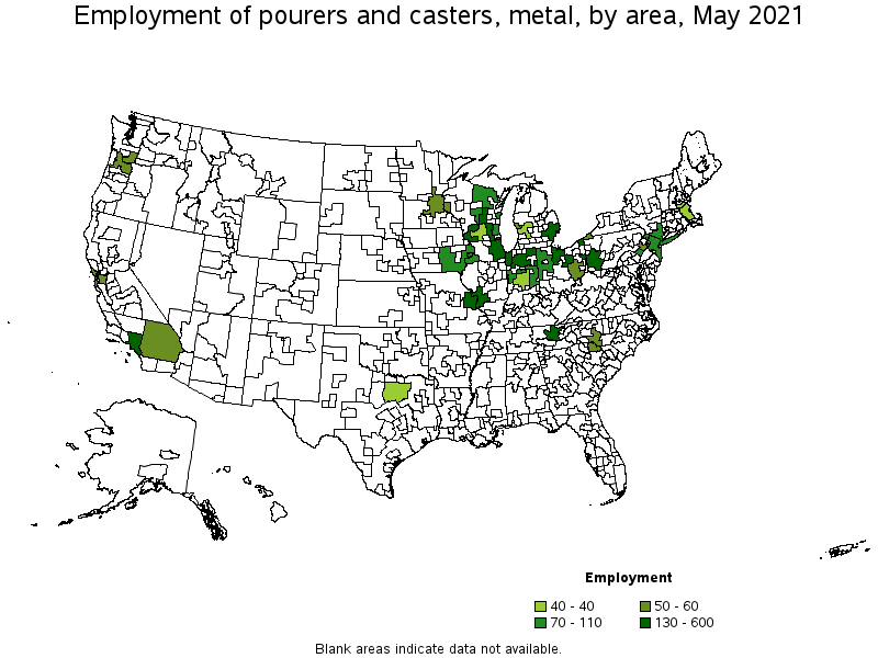Map of employment of pourers and casters, metal by area, May 2021