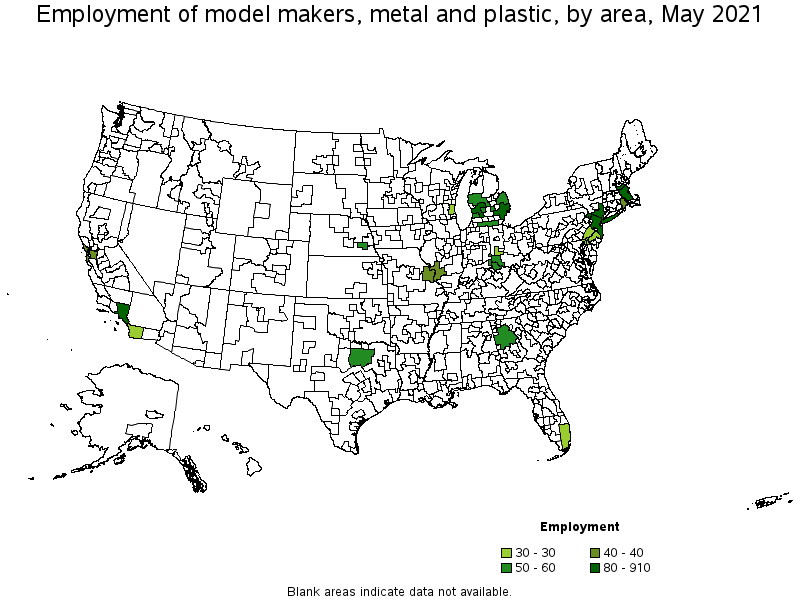 Map of employment of model makers, metal and plastic by area, May 2021