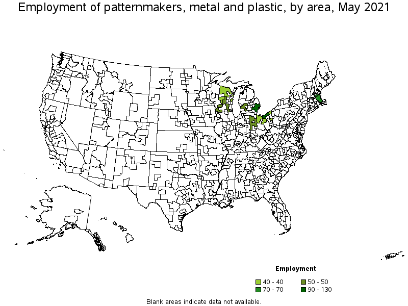 Map of employment of patternmakers, metal and plastic by area, May 2021