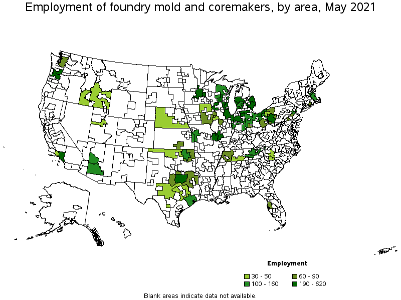 Map of employment of foundry mold and coremakers by area, May 2021