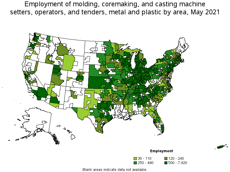 Map of employment of molding, coremaking, and casting machine setters, operators, and tenders, metal and plastic by area, May 2021