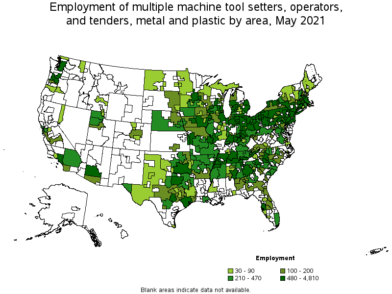 Map of employment of multiple machine tool setters, operators, and tenders, metal and plastic by area, May 2021