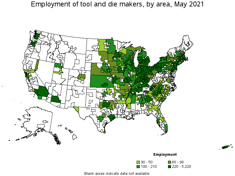 Map of employment of tool and die makers by area, May 2021