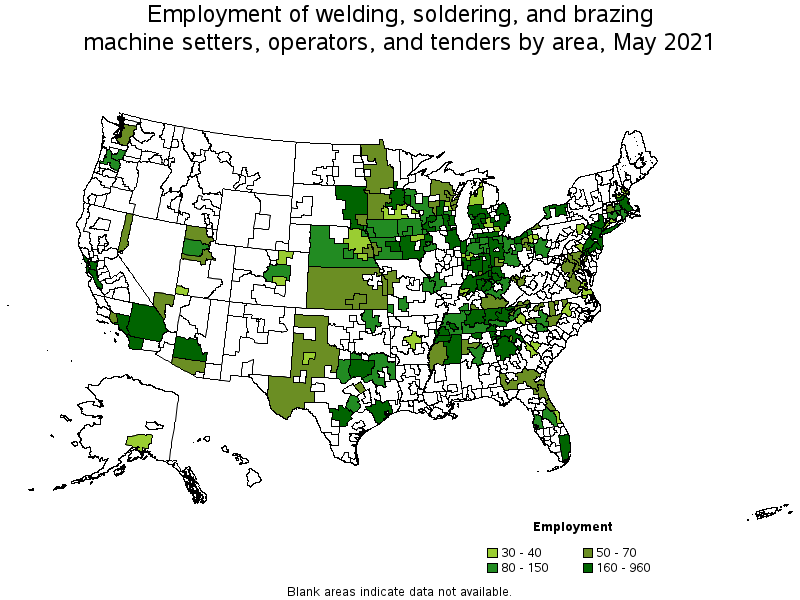 Map of employment of welding, soldering, and brazing machine setters, operators, and tenders by area, May 2021
