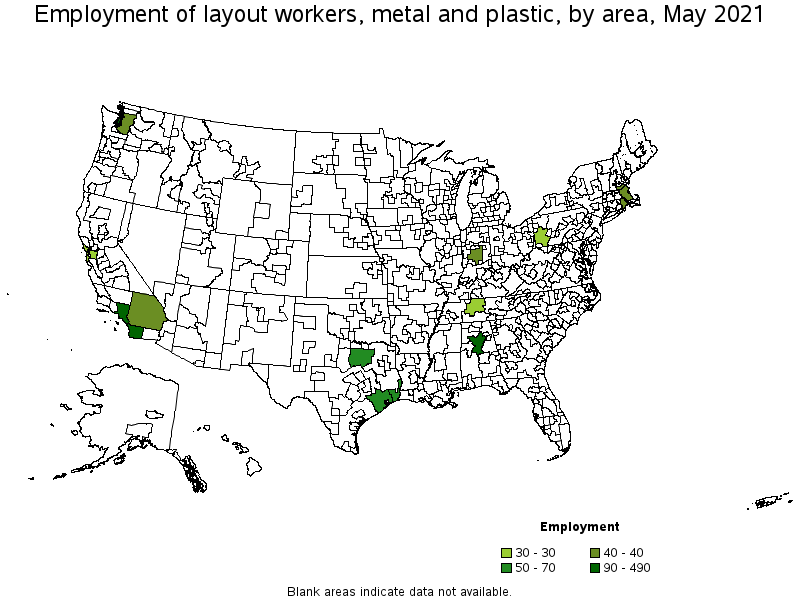 Map of employment of layout workers, metal and plastic by area, May 2021