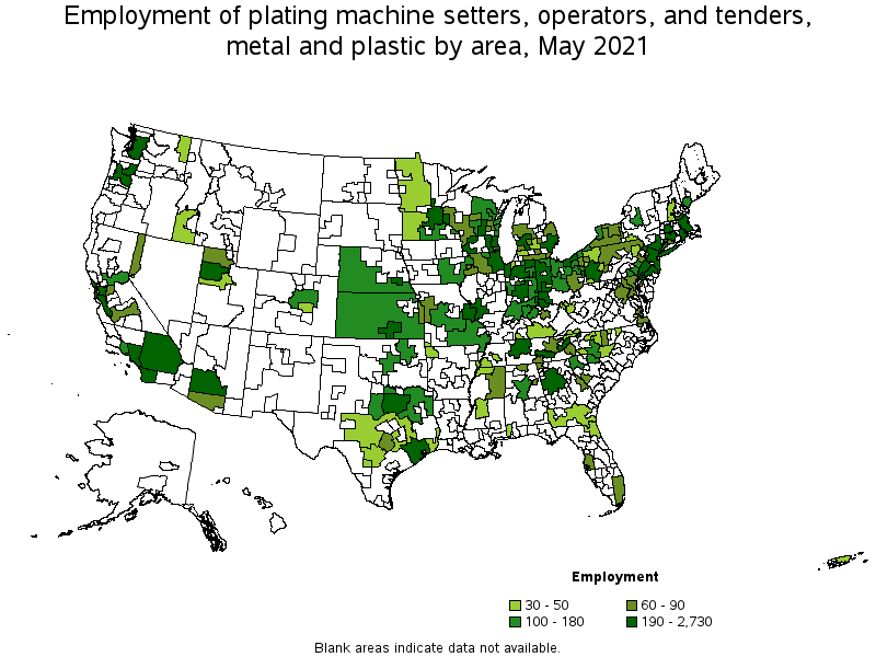 Map of employment of plating machine setters, operators, and tenders, metal and plastic by area, May 2021