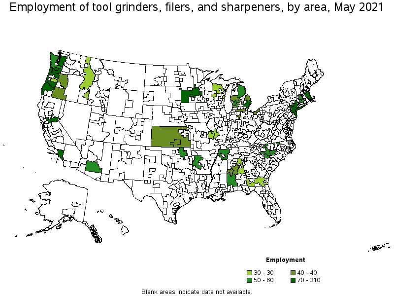 Map of employment of tool grinders, filers, and sharpeners by area, May 2021