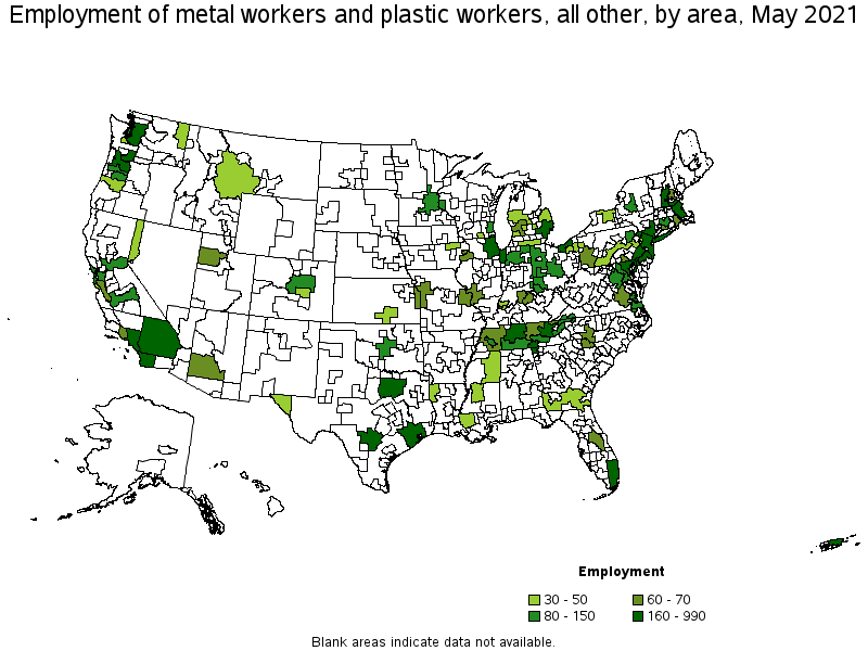 Map of employment of metal workers and plastic workers, all other by area, May 2021