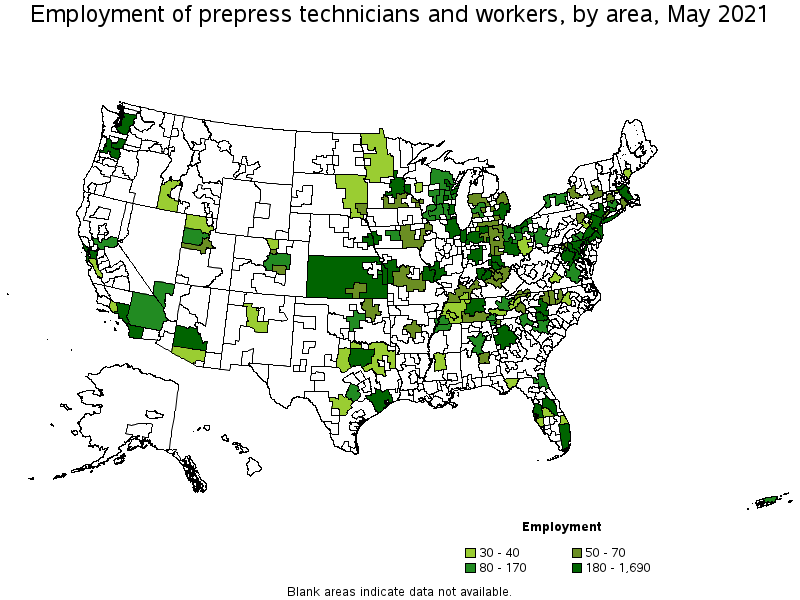 Map of employment of prepress technicians and workers by area, May 2021