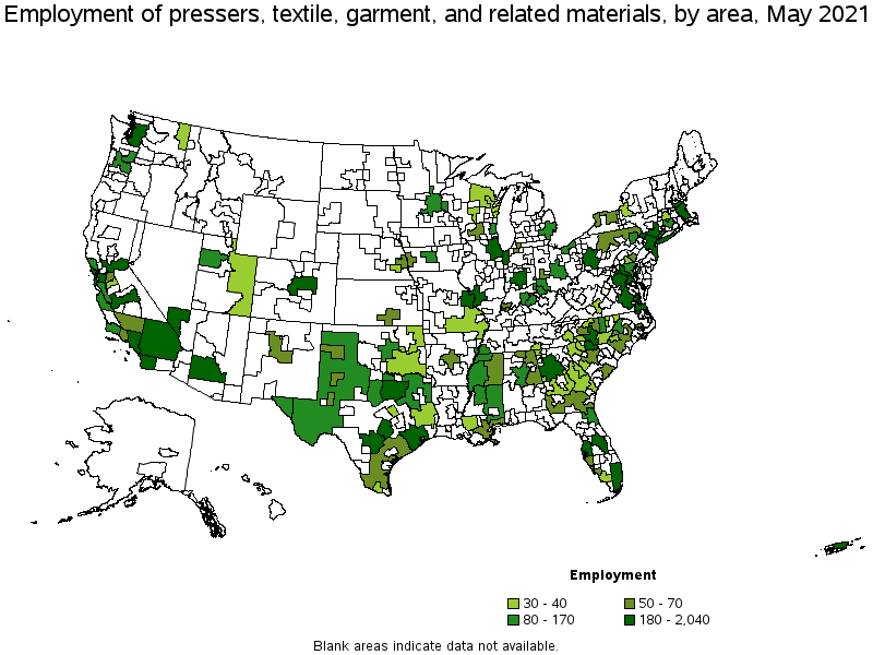 Map of employment of pressers, textile, garment, and related materials by area, May 2021