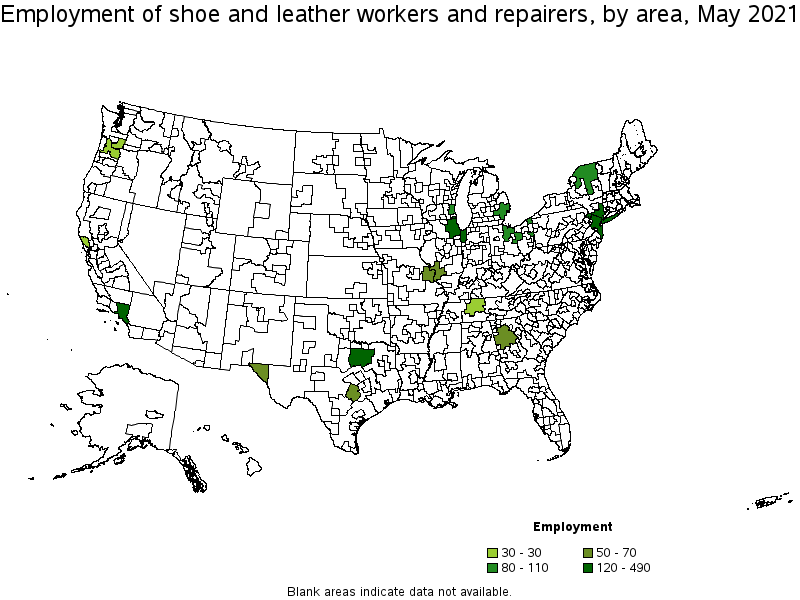 Map of employment of shoe and leather workers and repairers by area, May 2021