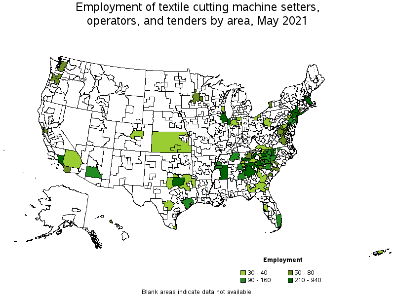 Map of employment of textile cutting machine setters, operators, and tenders by area, May 2021