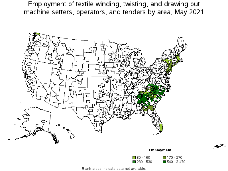 Map of employment of textile winding, twisting, and drawing out machine setters, operators, and tenders by area, May 2021