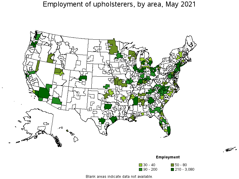 Map of employment of upholsterers by area, May 2021