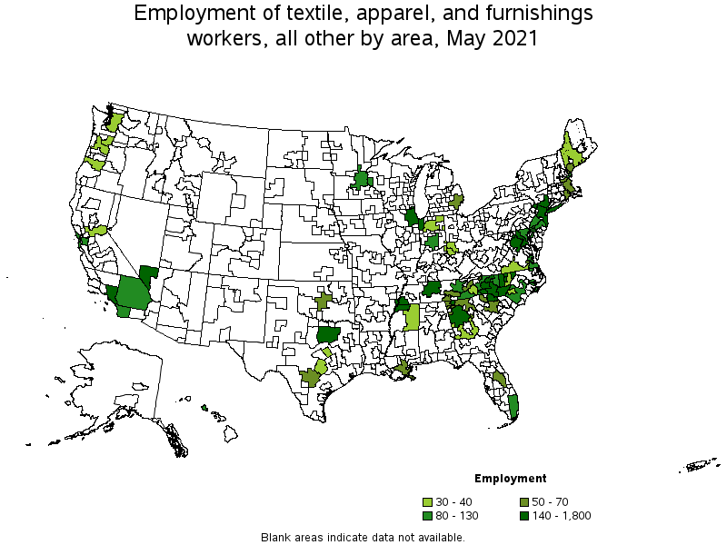 Map of employment of textile, apparel, and furnishings workers, all other by area, May 2021