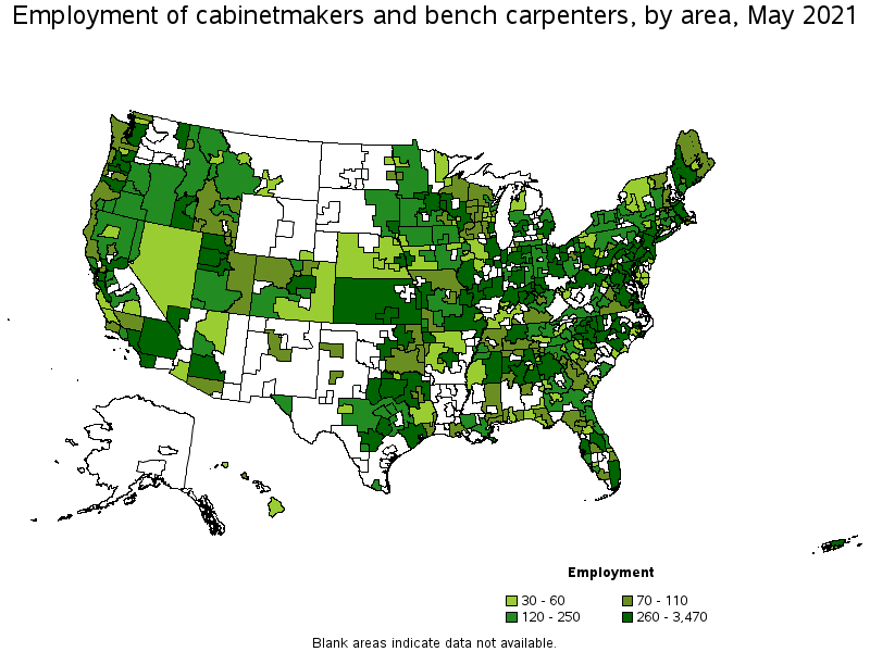 Map of employment of cabinetmakers and bench carpenters by area, May 2021