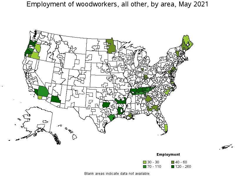 Map of employment of woodworkers, all other by area, May 2021