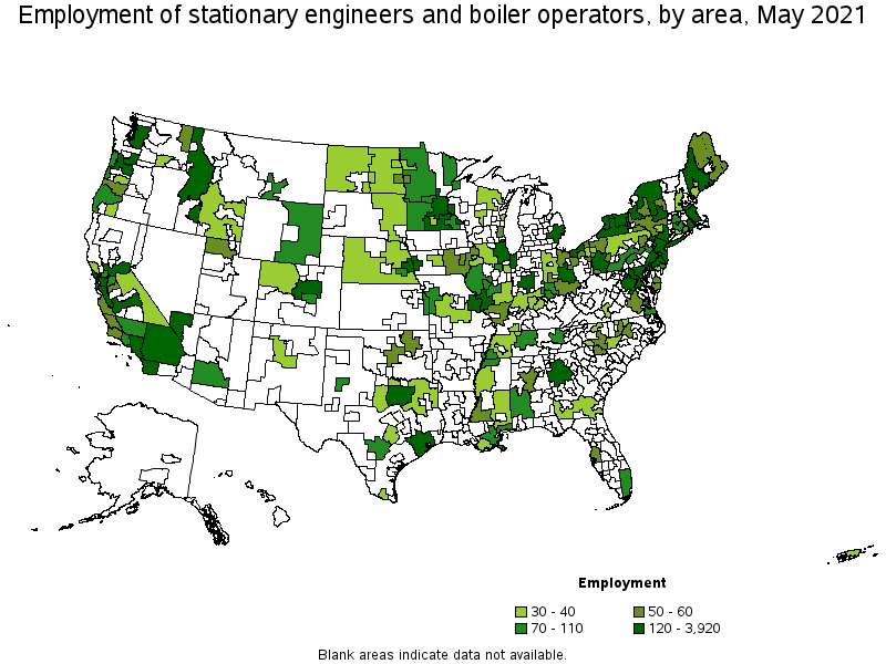 Map of employment of stationary engineers and boiler operators by area, May 2021