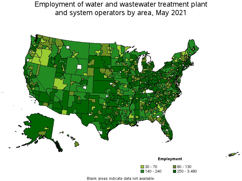 Map of employment of water and wastewater treatment plant and system operators by area, May 2021