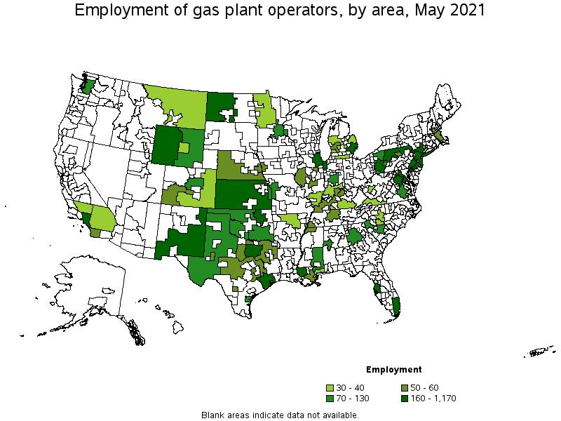 Map of employment of gas plant operators by area, May 2021