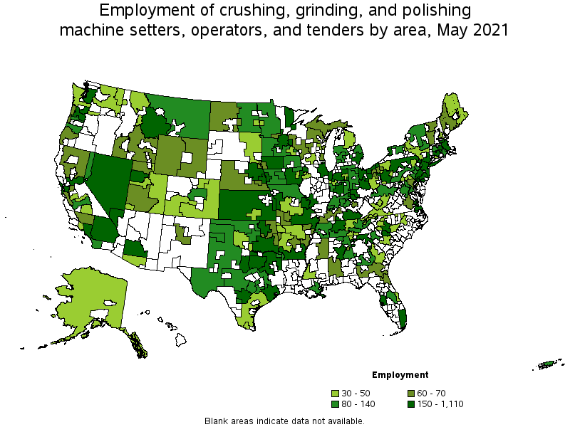 Map of employment of crushing, grinding, and polishing machine setters, operators, and tenders by area, May 2021