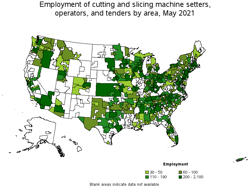 Map of employment of cutting and slicing machine setters, operators, and tenders by area, May 2021