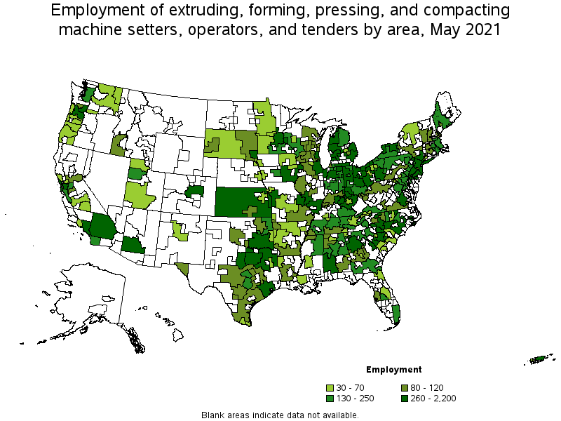 Map of employment of extruding, forming, pressing, and compacting machine setters, operators, and tenders by area, May 2021